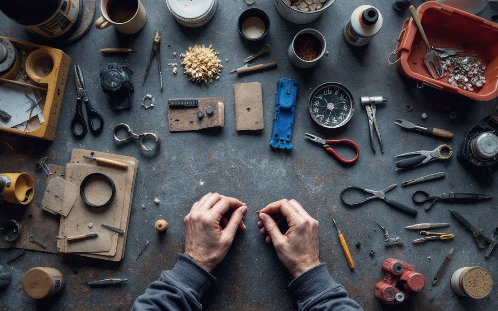 Hands working on a small object surrounded by scissors, pliers, and assorted repair tools