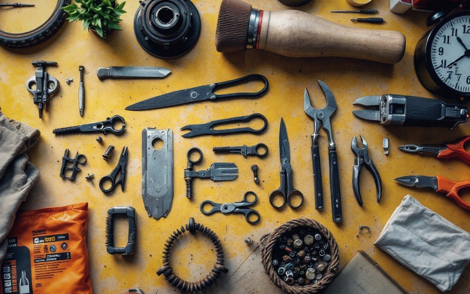 Scissors, pliers, knives and other small hand tools arranged neatly on a yellow surface