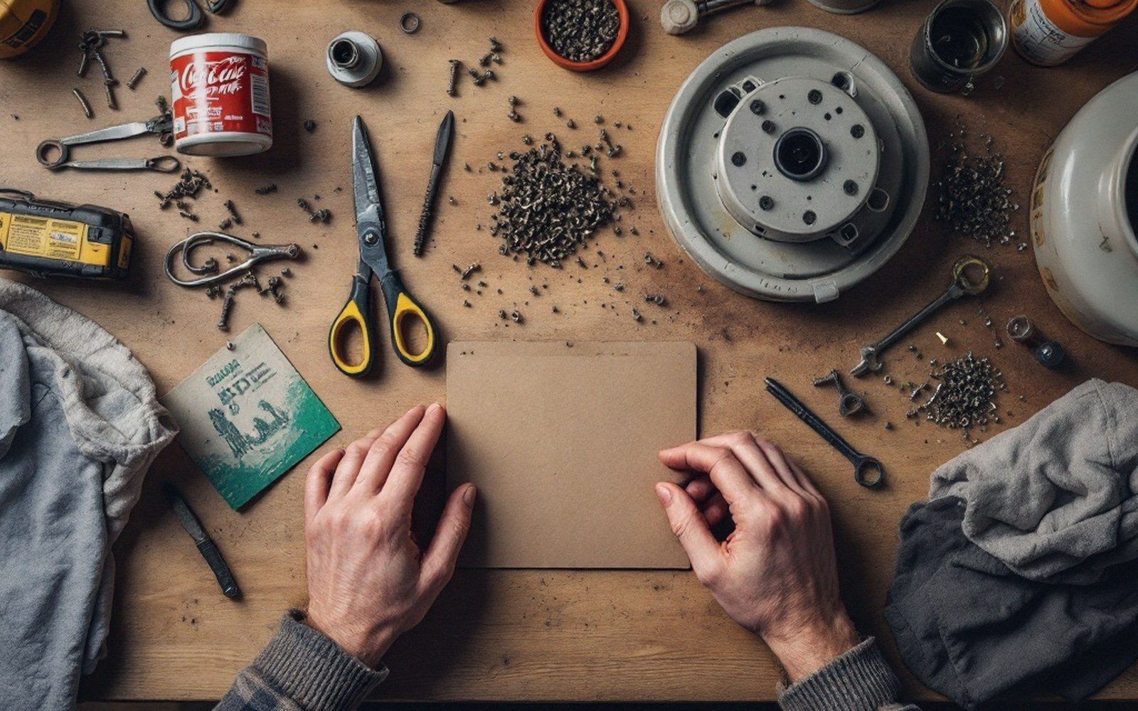 Hands hold a blank envelope on a workbench cluttered with screws, tools and a brake drum