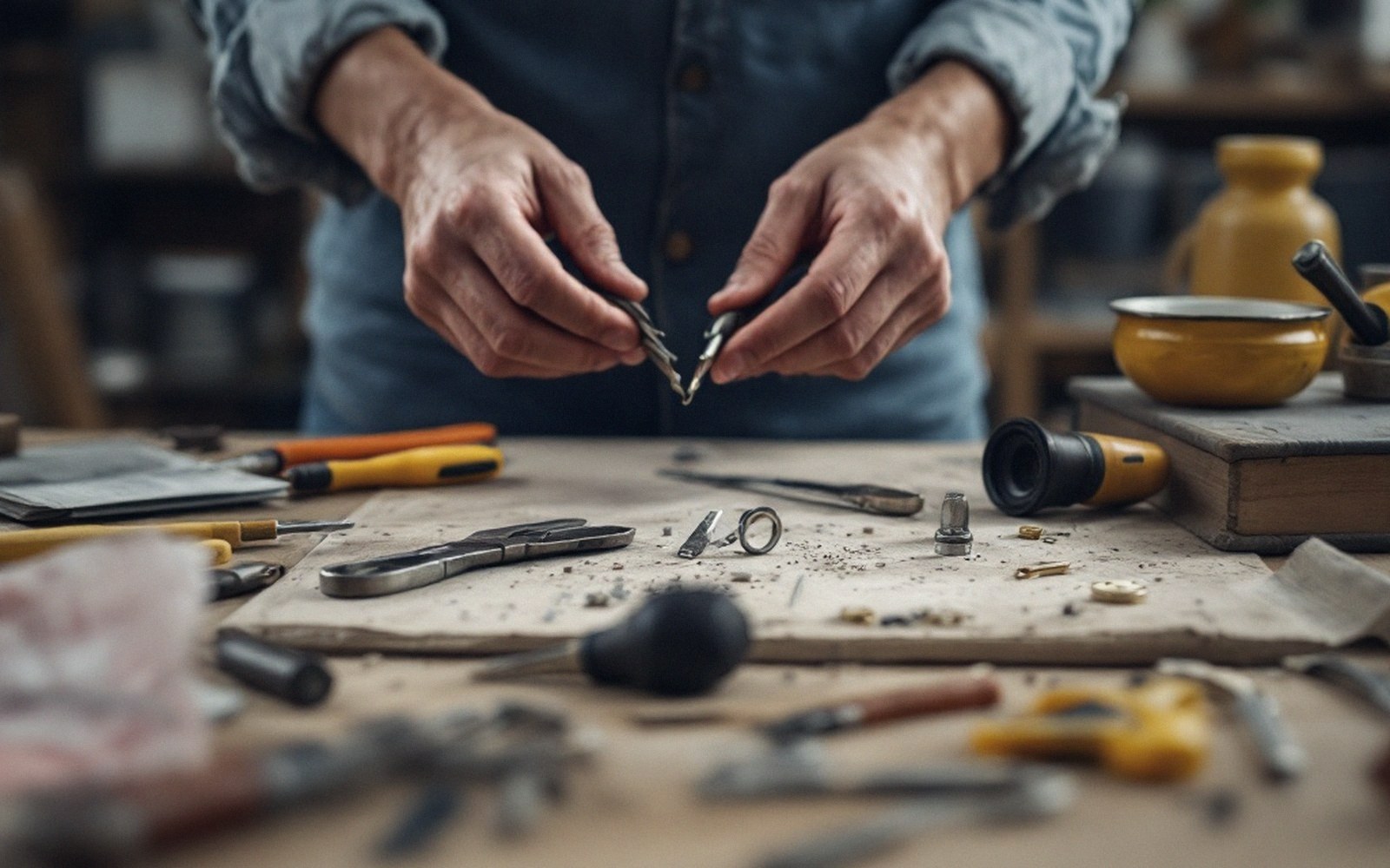 Hands examine a small broken drill bit above a table cluttered with repair tools